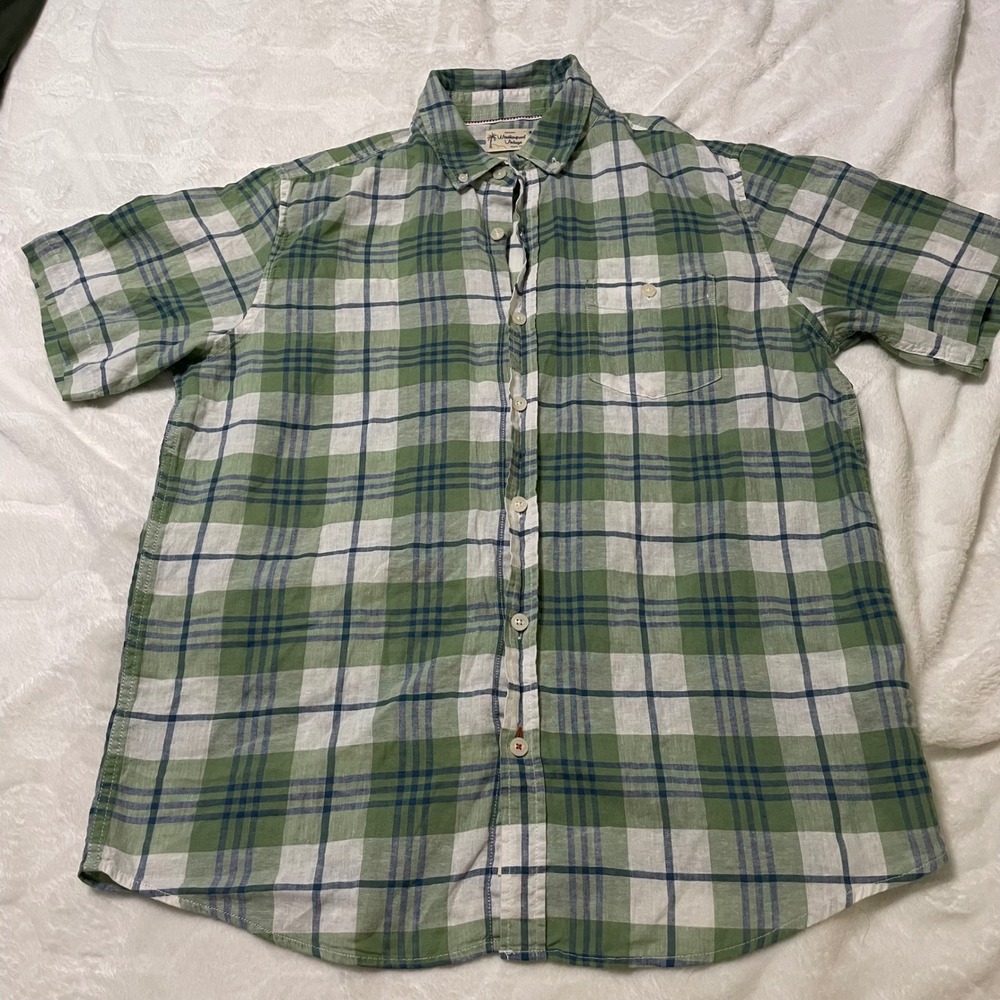Mens L Green Plaid Linen Cotton Shirt Short Sleeve Coastal Preppy Button Up